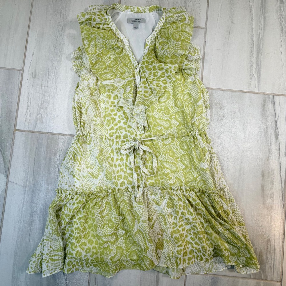 AllSaints Ali Noche Dress Lime Green Snake Leopard Print Ruffle Mini US 6 UK 10